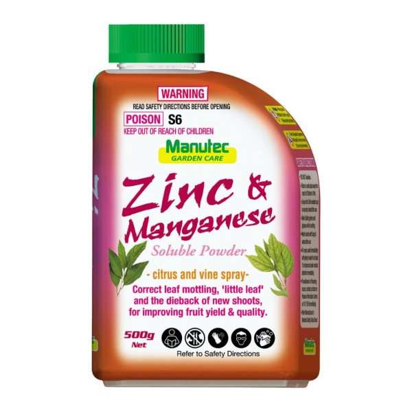 quality-garden-supplies-manutec-zinc-and-manganese-500g-01 - Quality Garden Supplies Manutec Zinc & Manganese Citrus and Vine Spray 500g in an orange and pink bottle with a green cap. - Quality Garden Supplies