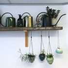 Wooden shelf mounted on a white wall holds watering cans, a bottle, and a trio of hanging potted plants with trailing greenery. - Quality Garden Supplies