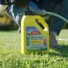 Yellow 2.4L bottle of Yates Weed'n'Feed Buffalo Lawn lawn fertilizer on grass, nozzle hose attached, person applying product to lawn - Quality Garden Supplies