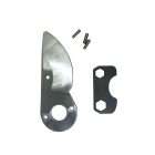 ryset-replacement-large-blade-qualitygardensupplies-01 - Quality Garden Supplies Metal curved blade with a circular mounting hole, plus a black bracket with two hex-shaped cutouts and two small pins. - Quality Garden Supplies