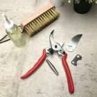 Red-handled pruning shears with spare blades and a brush laid on a concrete patio with a spray bottle nearby. - Quality Garden Supplies